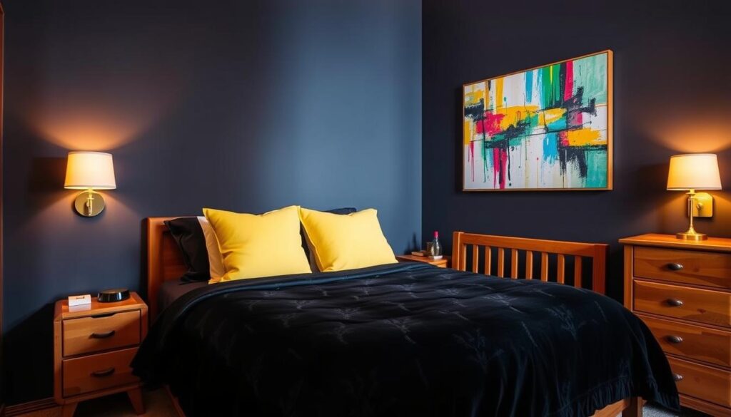 Bright accents in a dark bedroom