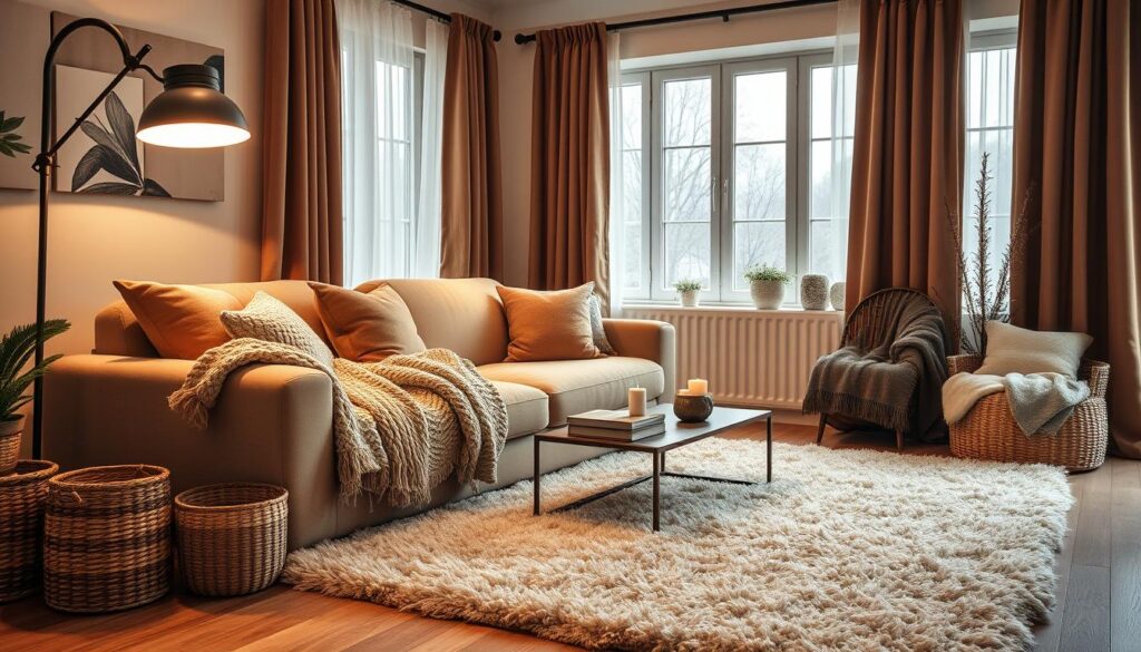 cozy living room with warm textiles