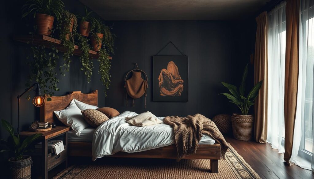 moody bedroom with natural elements